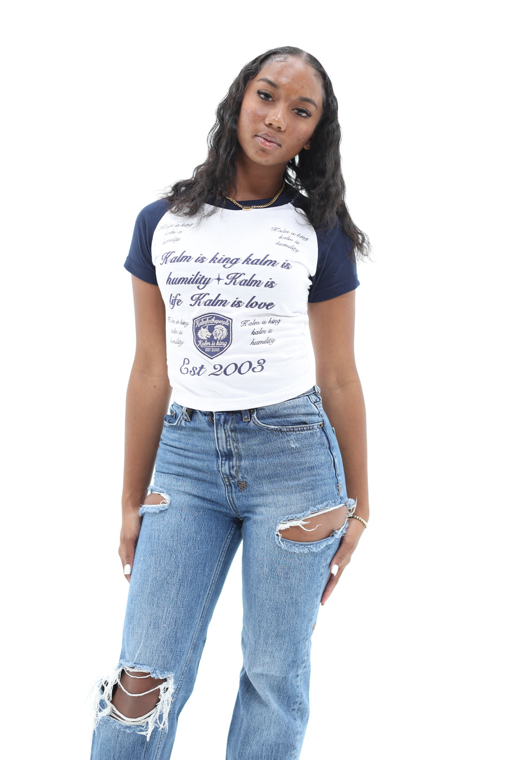 'Kalm is King' Embroidered Ringer Tee Ladies