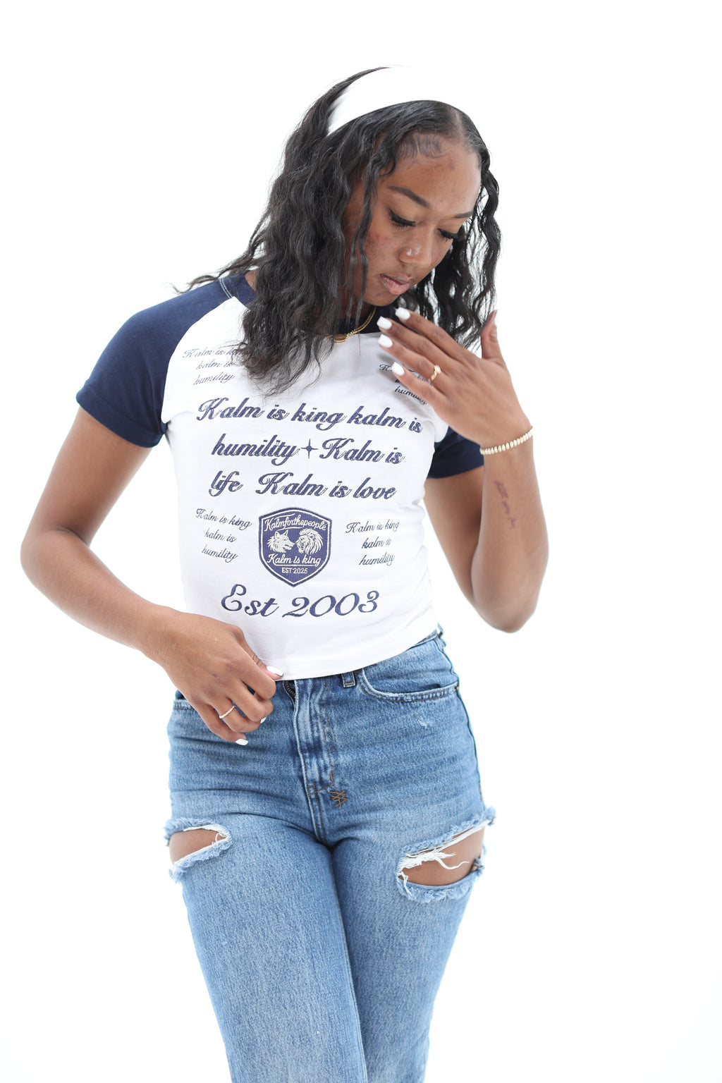 'Kalm is King' Embroidered Ringer Tee Ladies